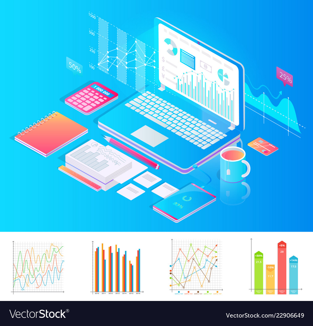 Workplace with laptop charts and extra stuff Vector Image