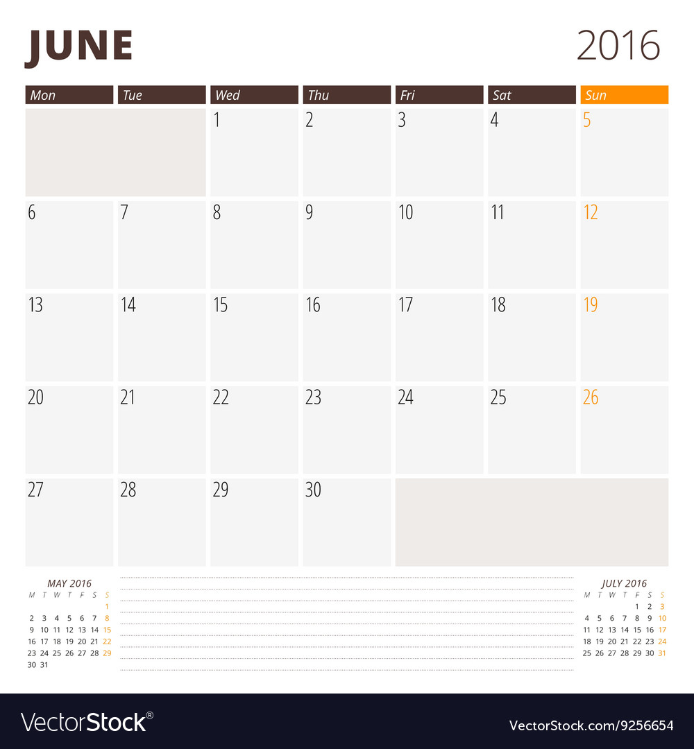 Calendar template for june 2016 week starts monday