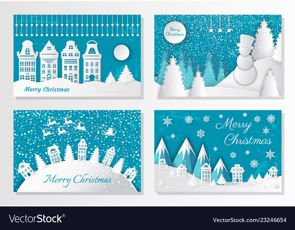 Merry christmas greeting cards mountains and city