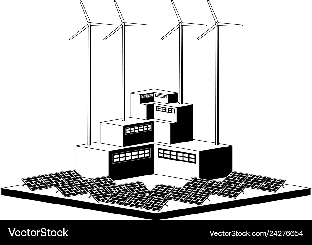Monochromatic wind and solar power plant Vector Image