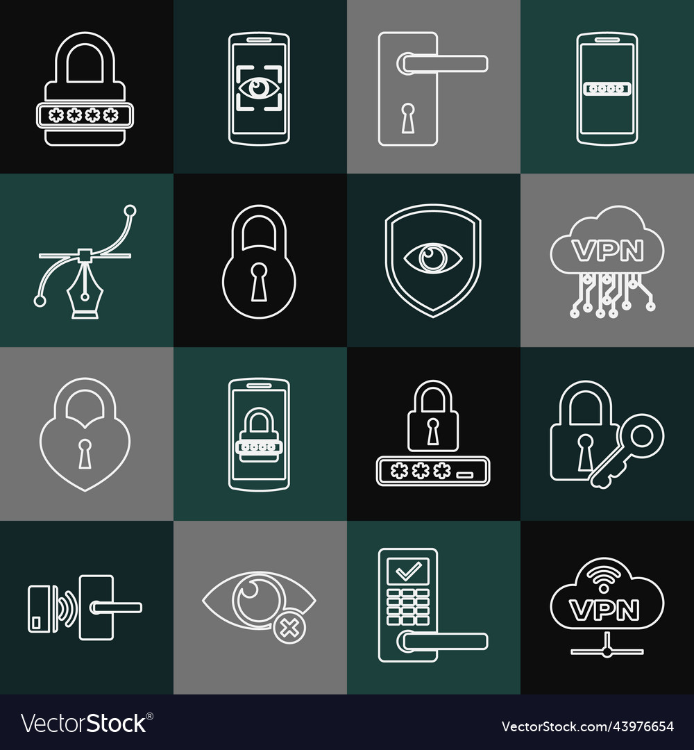 Set line vpn network cloud connection lock vector image Set line vpn network cloud connection lock