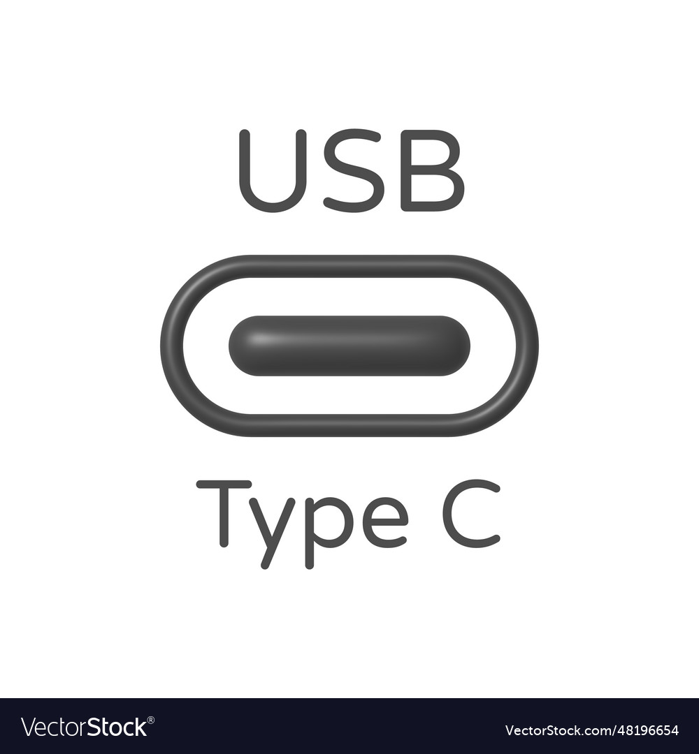 Usb type c in 3d style on white background design vector image Usb type c in 3d style on white background design