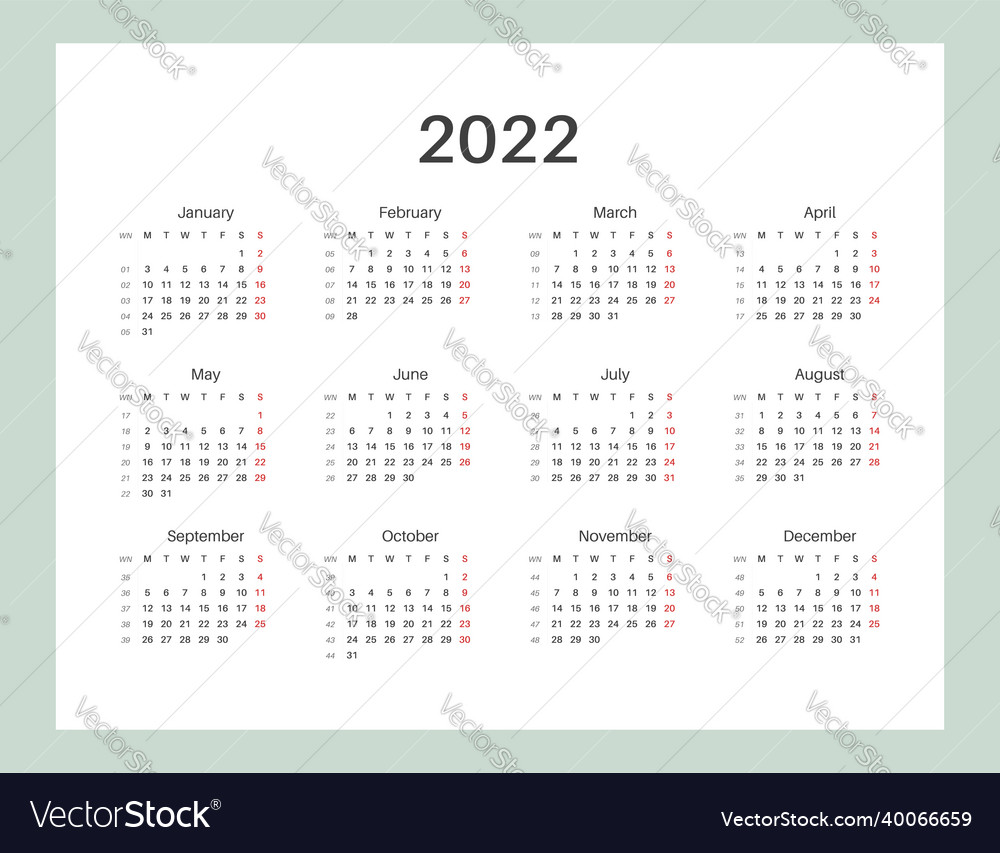 Calendar Template For Planners 2022 Royalty Free Vector