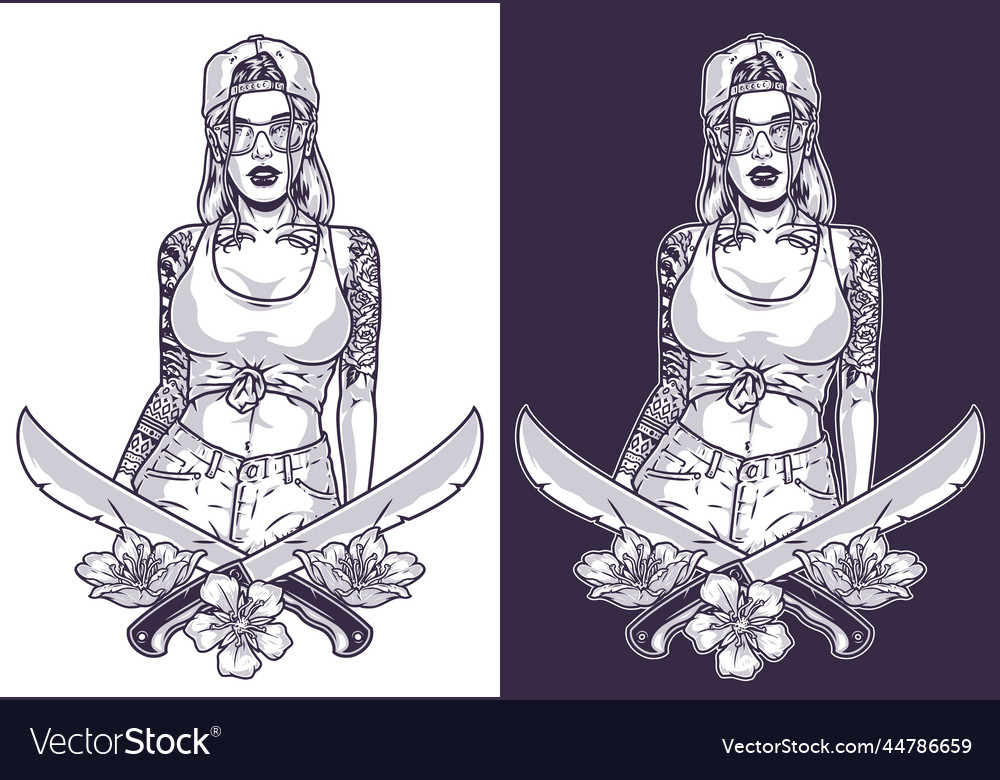 Dangerous tattooed woman monochrome emblem Vector Image