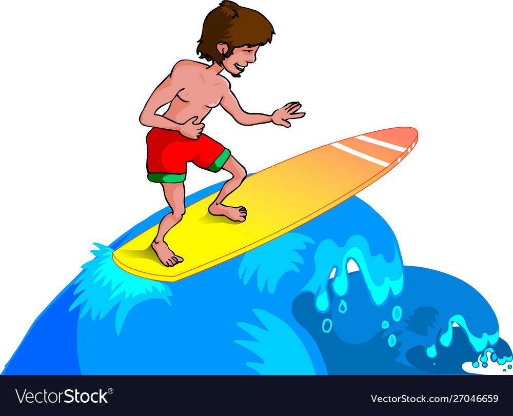 Young surfer boy on high waves cartoon teen man vector image Young surfer boy on high waves cartoon teen man