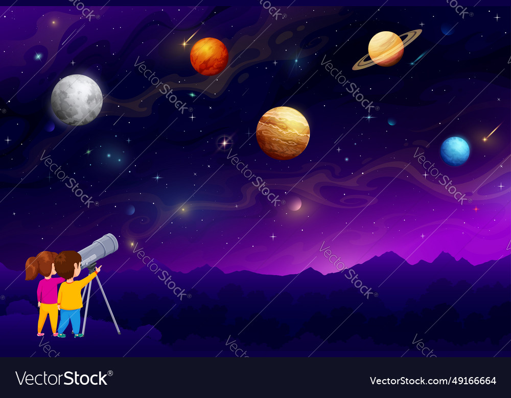 Boy girl kids looking in telescope at night sky Vector Image