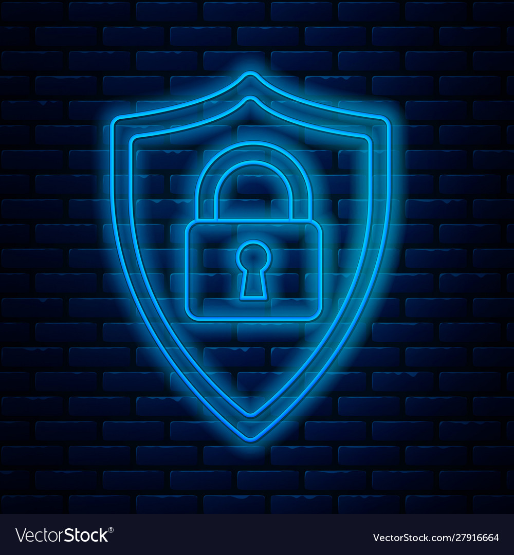 Glowing neon line shield security with lock icon vector image Glowing neon line shield security with lock icon