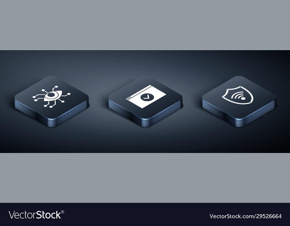 Set isometric eye scan shield with wifi wireless vector image Set isometric eye scan shield with wifi wireless
