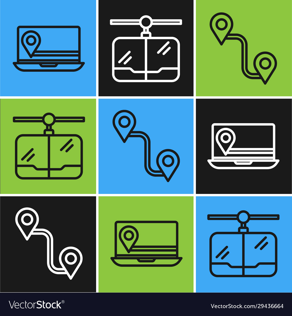 Set line laptop with location marker route vector image Set line laptop with location marker route