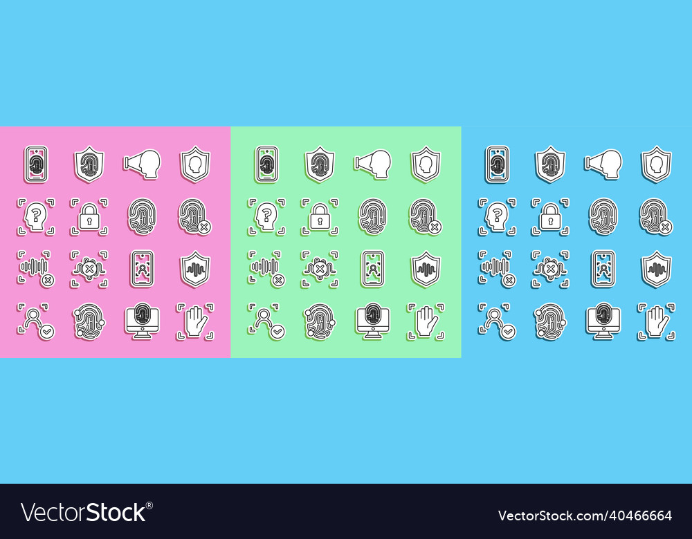 Set line palm print recognition shield voice vector image Set line palm print recognition shield voice