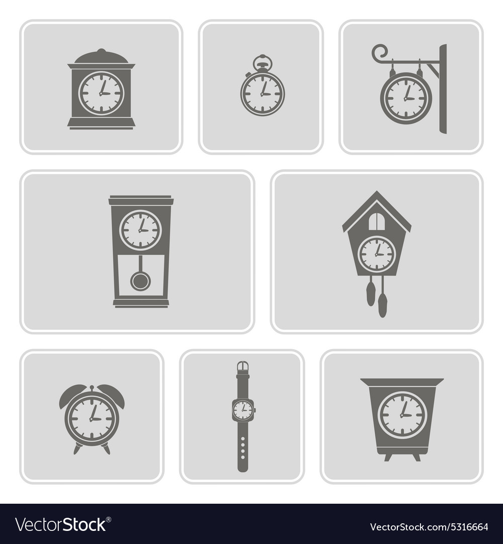 Set of monochrome icons with clock