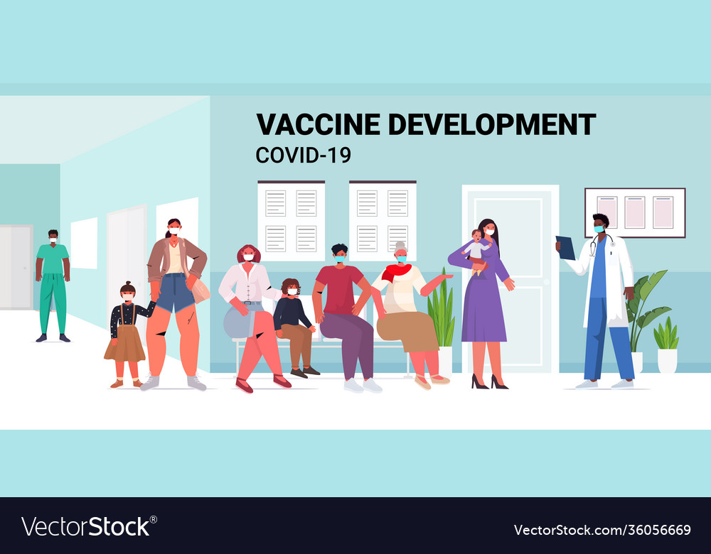 Mix race patients sitting in hospital corridor Vector Image