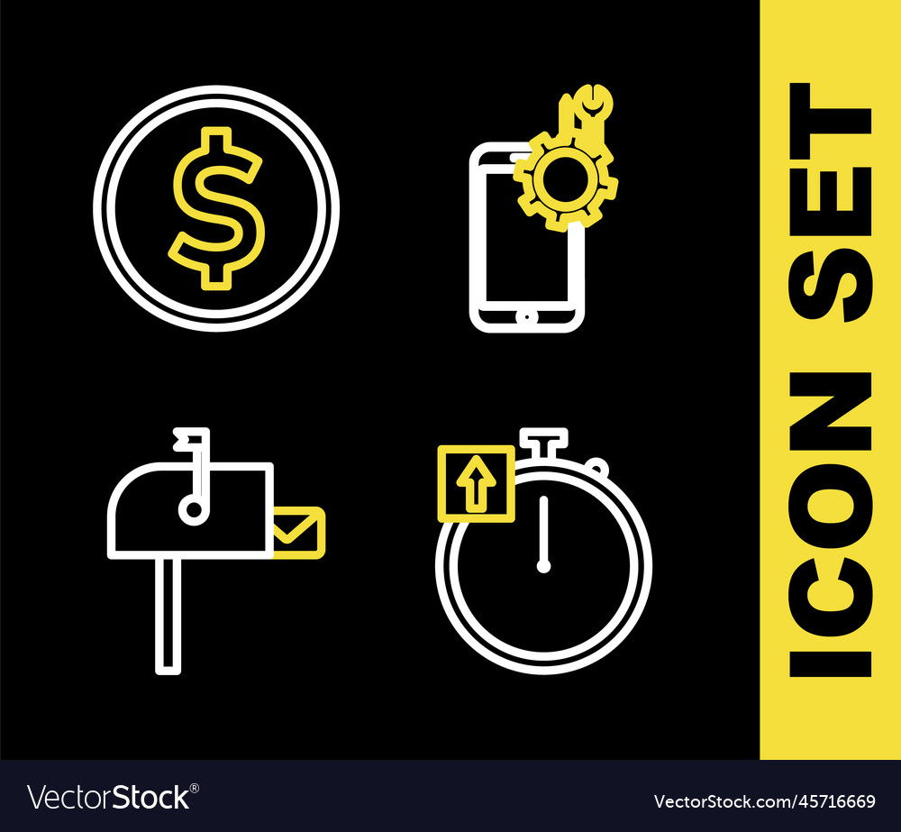 Set line mobile service stopwatch open mail box vector image Set line mobile service stopwatch open mail box