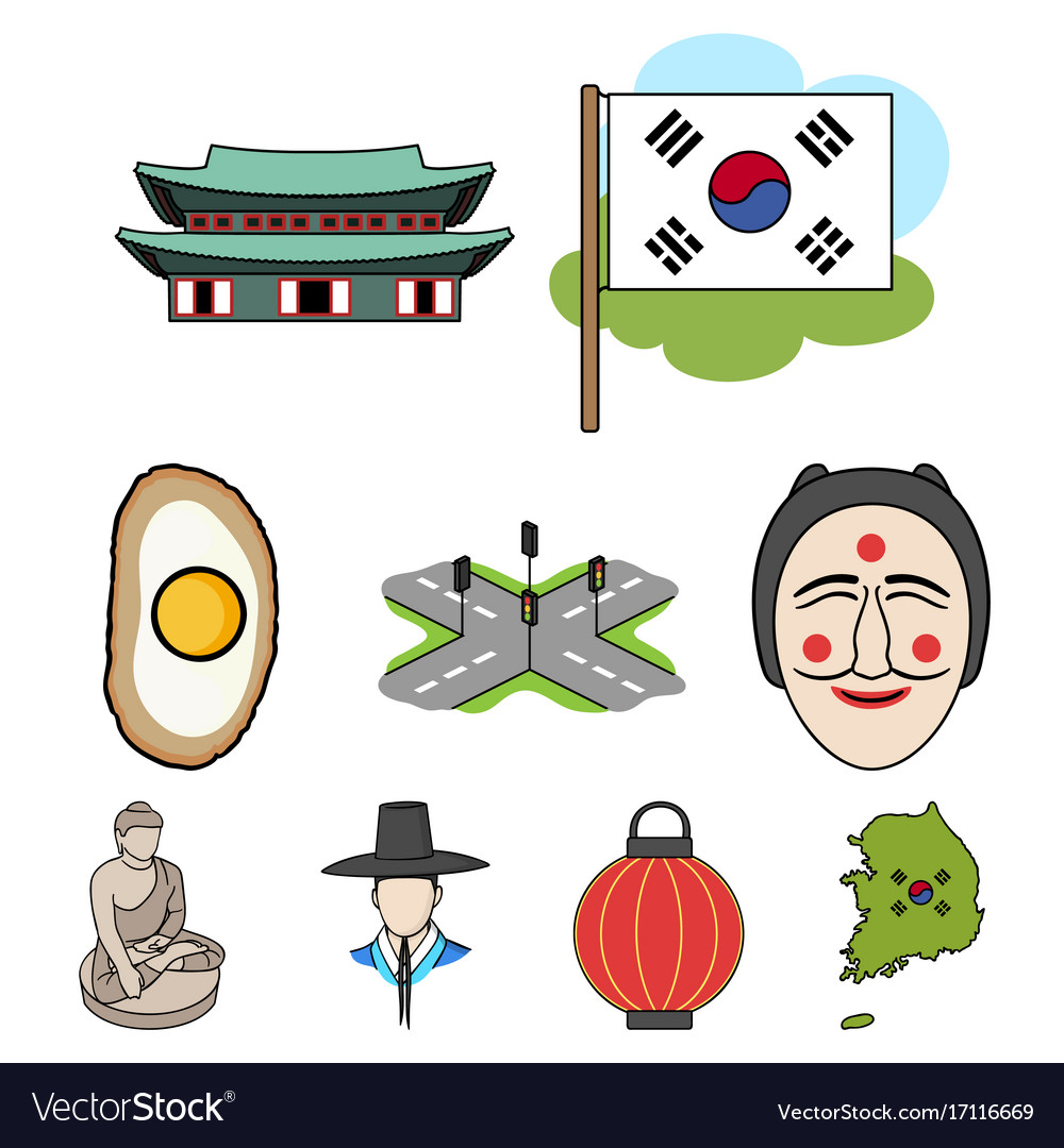 South korea set icons in cartoon style big