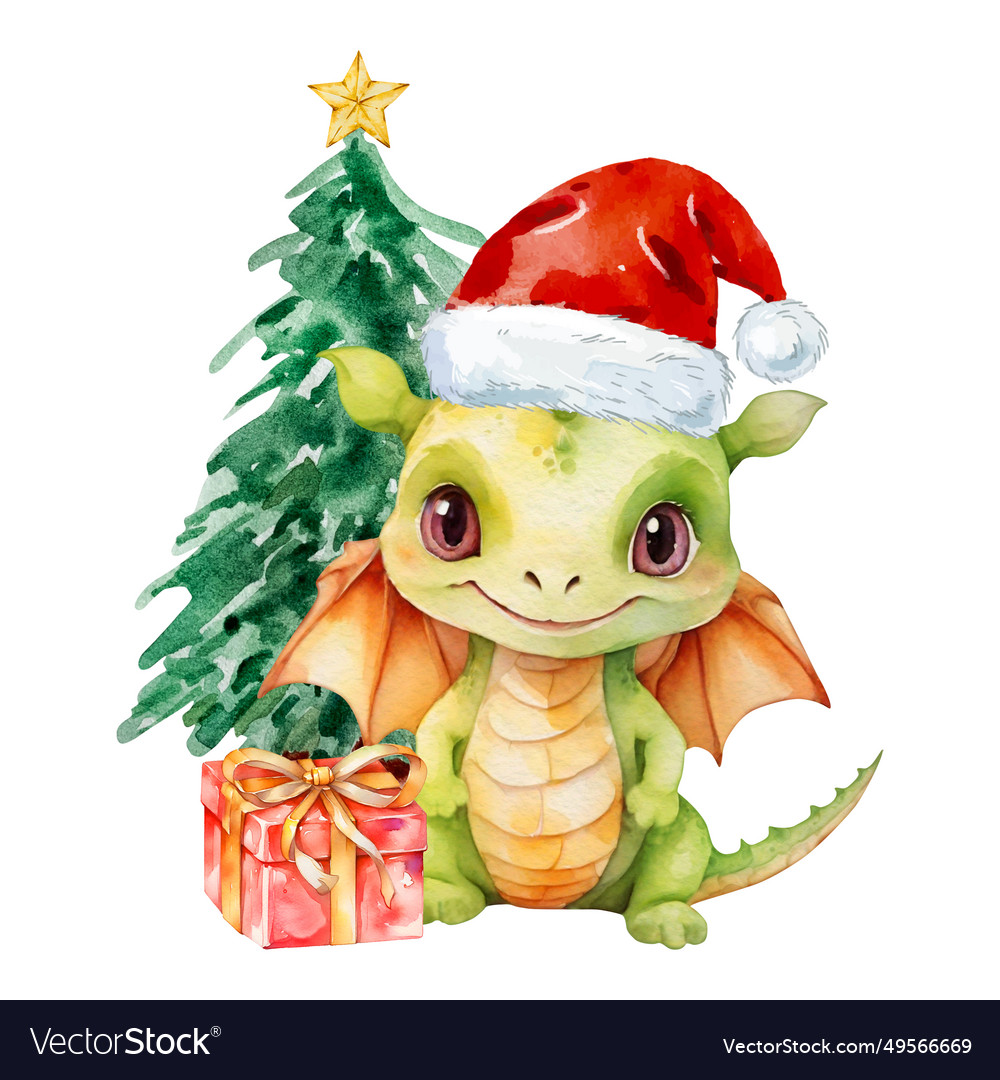 Watercolor cute dragon with christmas tree Vector Image