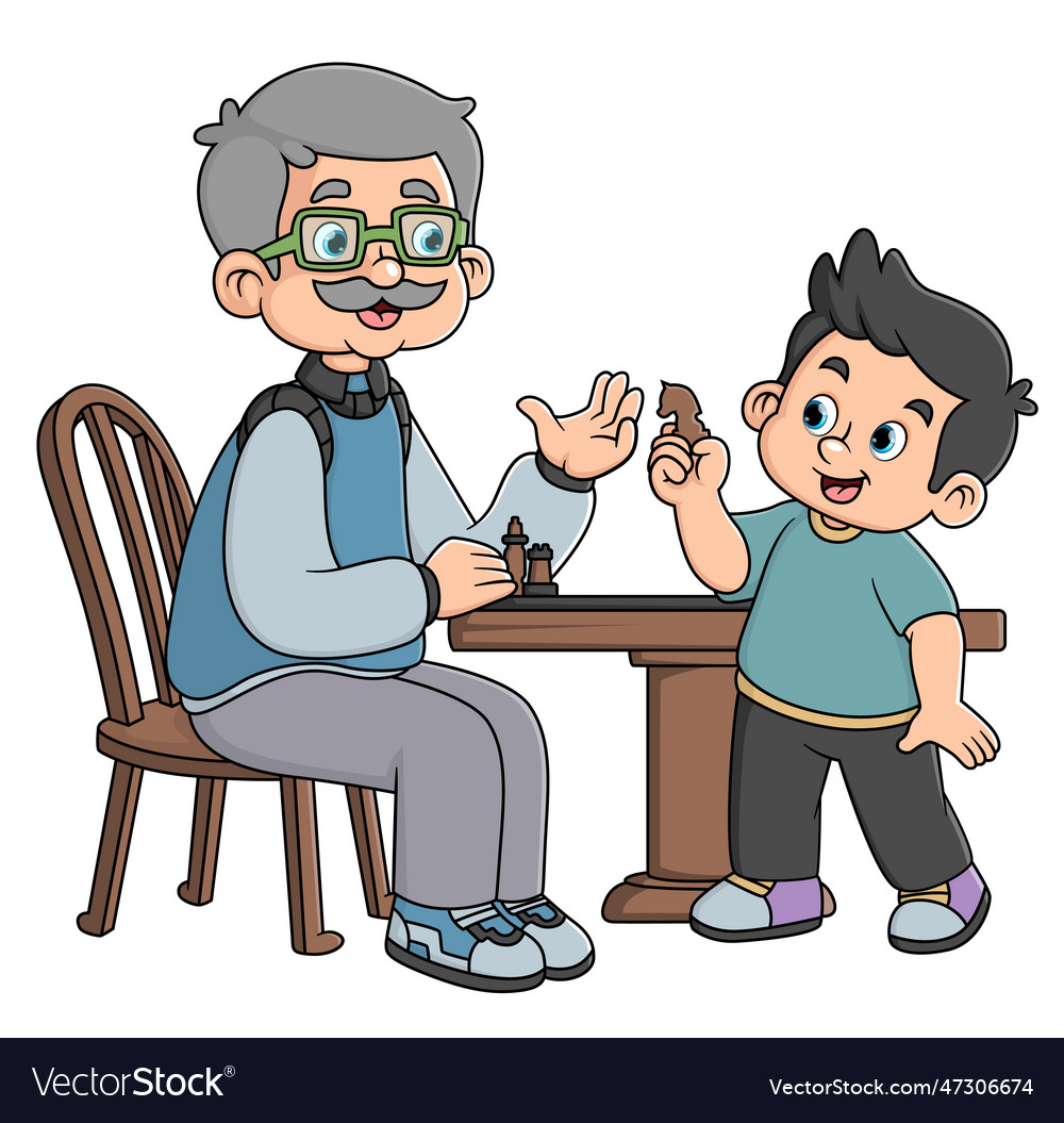 A grandfather teaches his grandson to play Vector Image