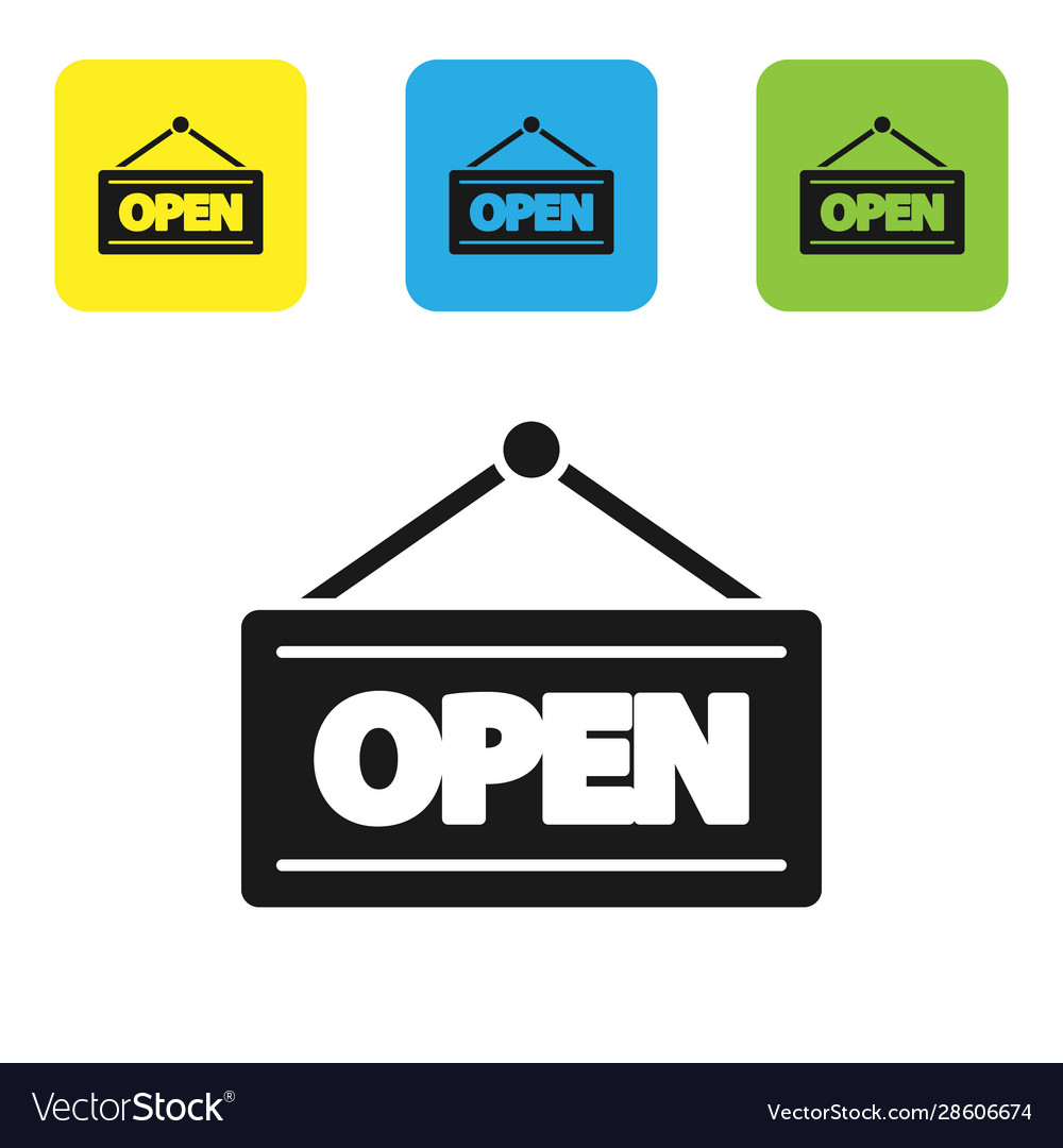 Black hanging sign with text open door icon