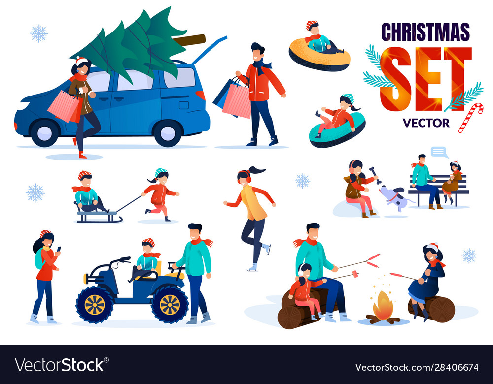 Family christmas time flat characters set