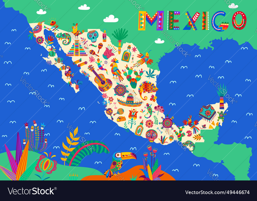 Mexico map national cuisine animals instruments Vector Image