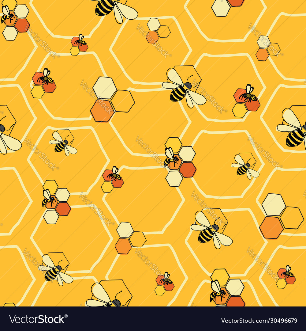 Bees and honeycombs seamless pattern