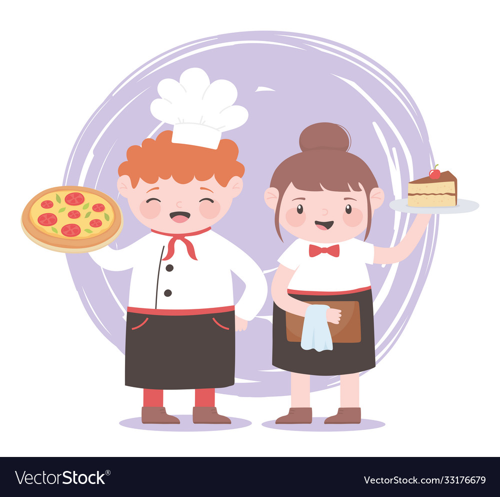 Chefs Mädchen und Junge mit Pizza Scheibenkuchen