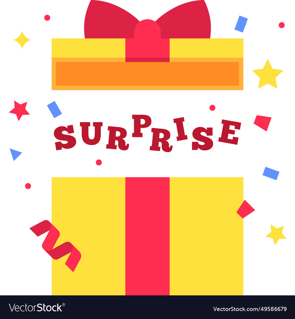 Yellow blank gift box with surprise text in flat