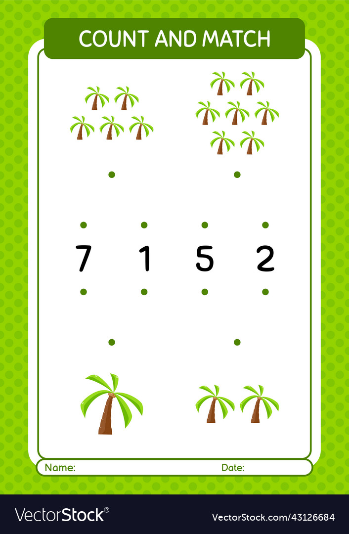 Count and match game with coconut tree worksheet vector image Count and match game with coconut tree worksheet
