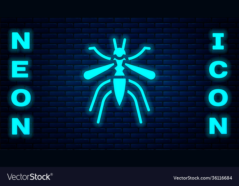 Glowing neon mosquito icon isolated on brick wall