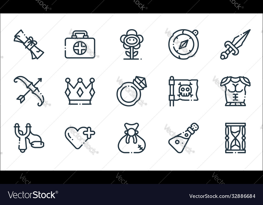 Videogame elements line icons linear set quality