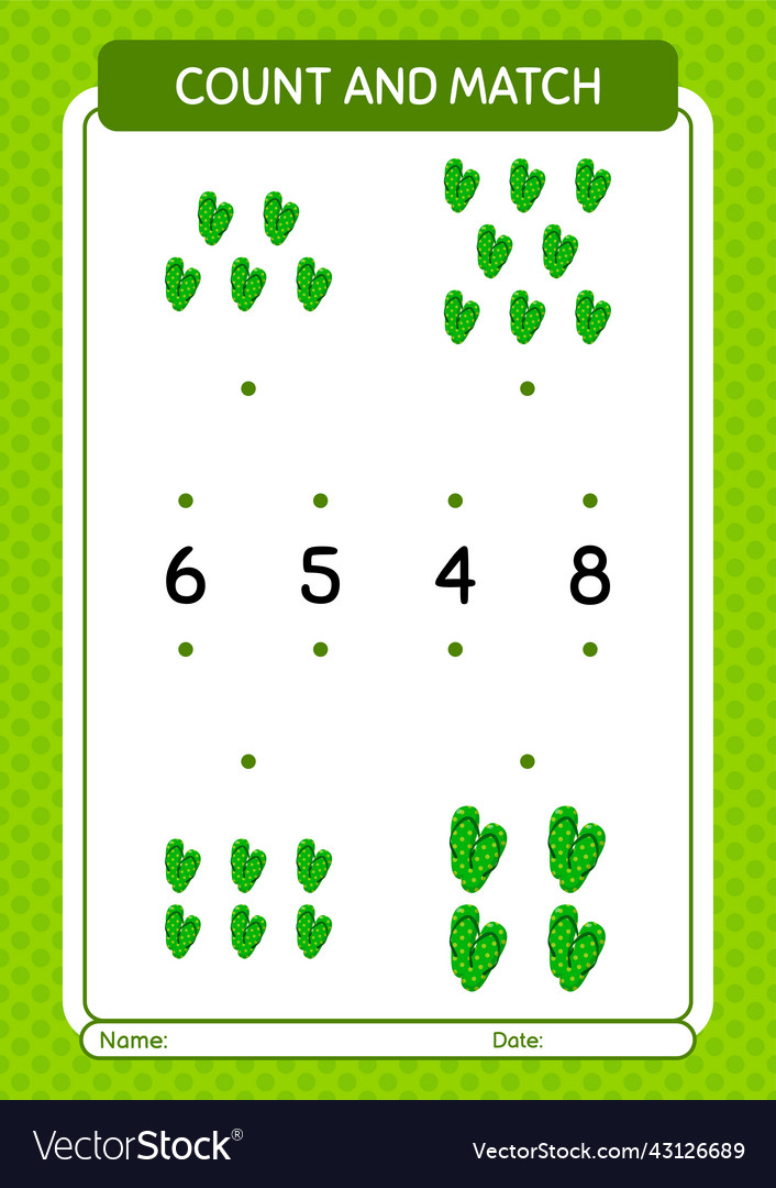 Count and match game with flip flop worksheet vector image Count and match game with flip flop worksheet