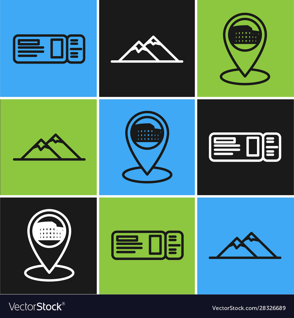 Set line travel ticket map pointer with coliseum vector image Set line travel ticket map pointer with coliseum