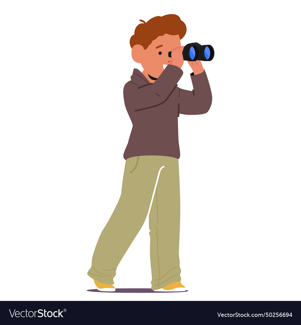 Curious little boy peers through binoculars kid Vector Image