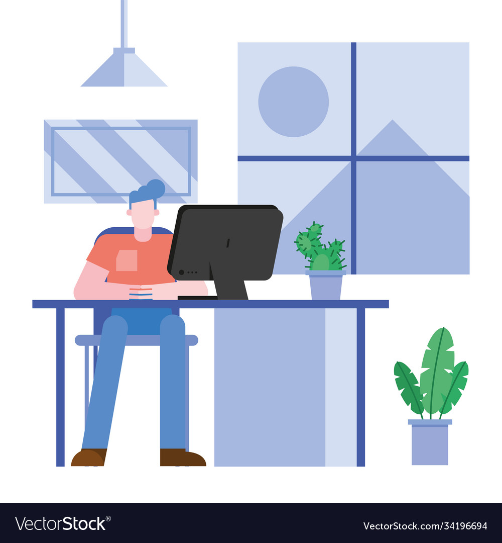 Mann mit Computer am Schreibtisch arbeiten von zu Hause vector image Mann mit Computer am Schreibtisch arbeiten von zu Hause
