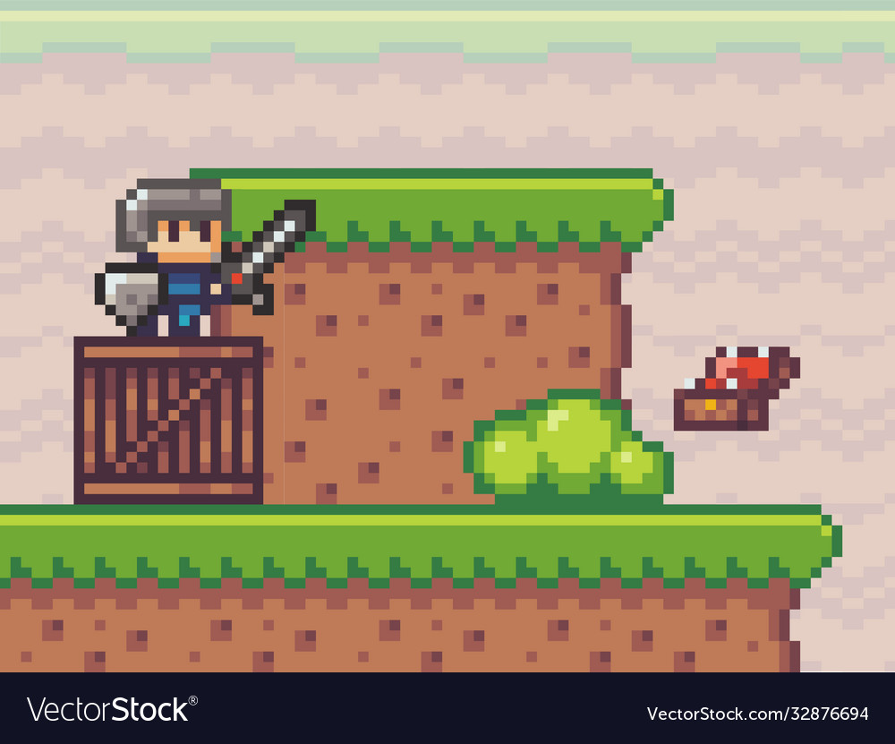 Pixel game hero knight with sword and shield