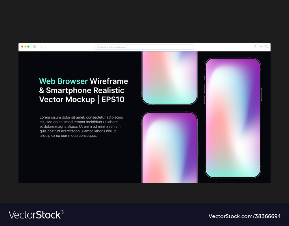 Web browser wireframe and smartphone realistic vector image Web browser wireframe and smartphone realistic