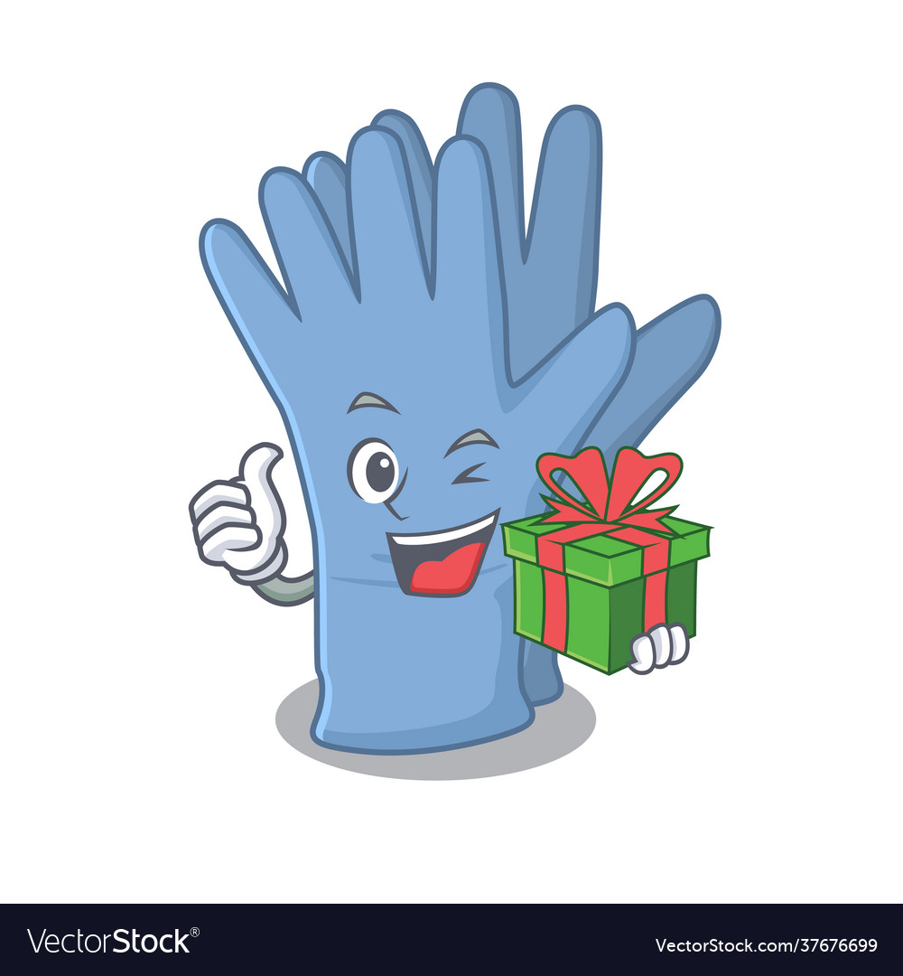 Joyful medical gloves cartoon with a big gift box