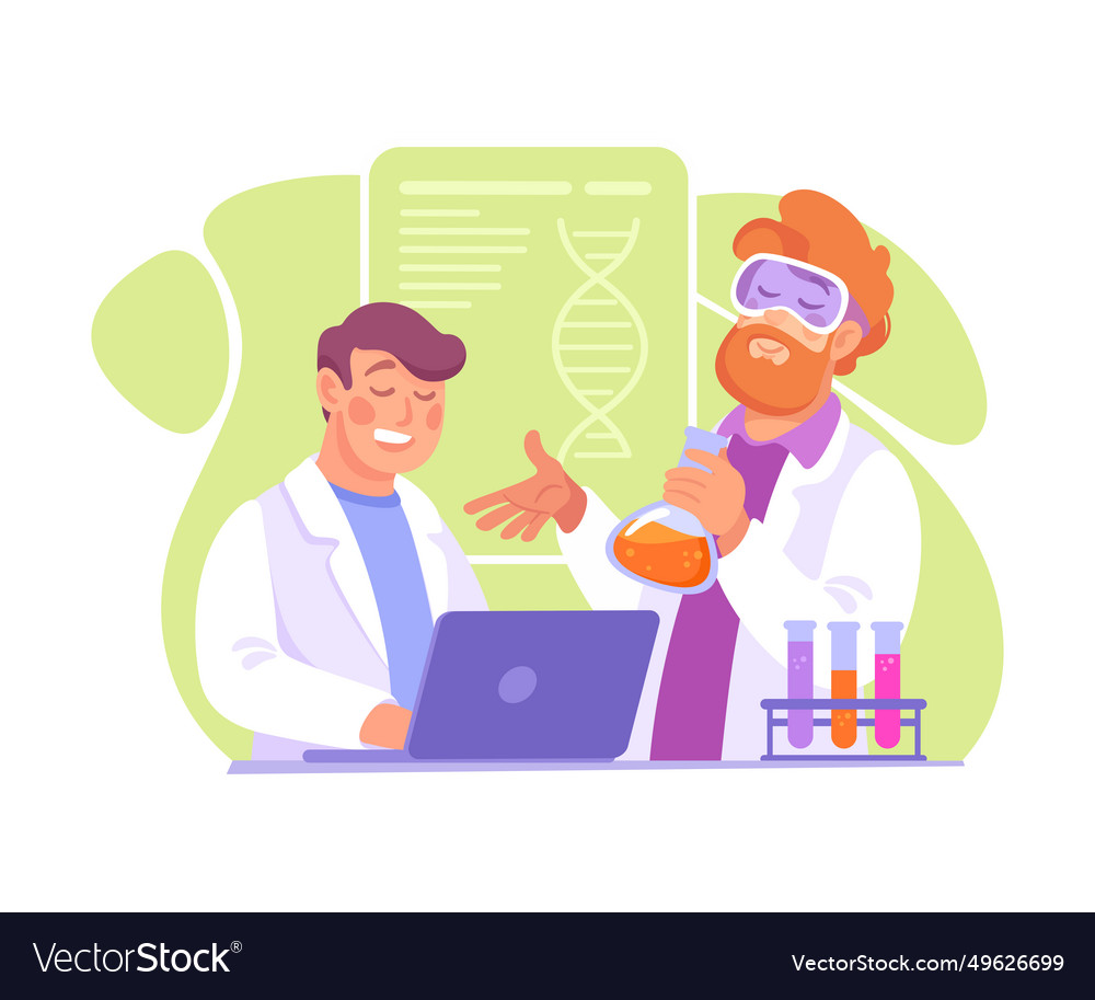 Man at laboratory with flask and laptop conduct
