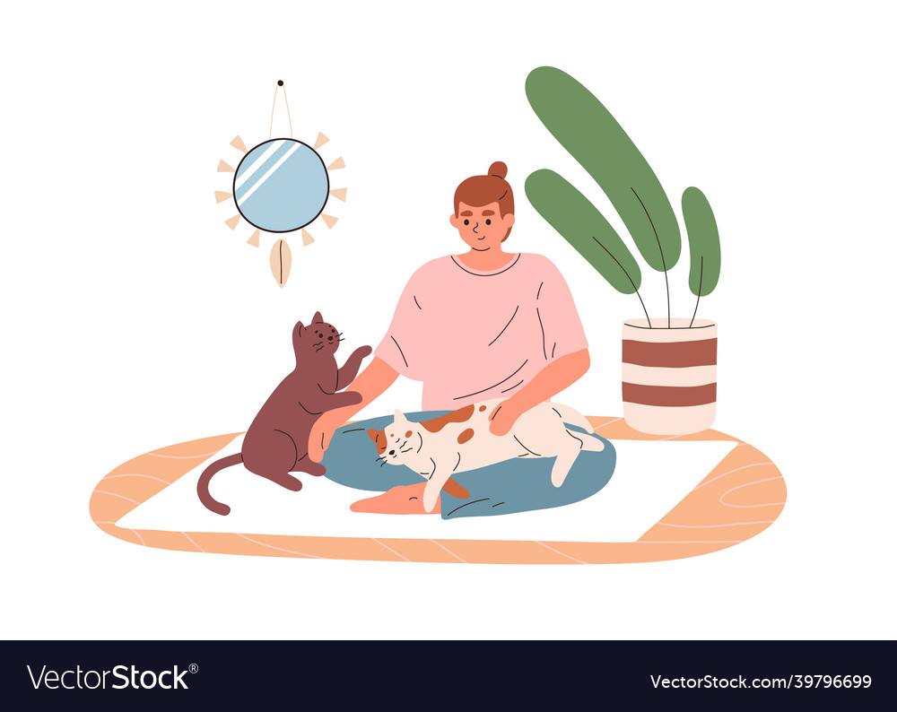 Woman sitting on yoga mat with cute cats at home Vector Image