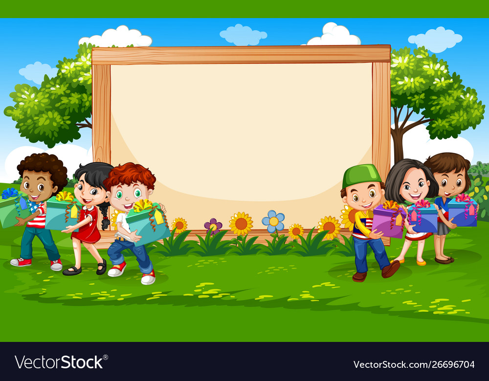 Blank sign template with kids having party in park