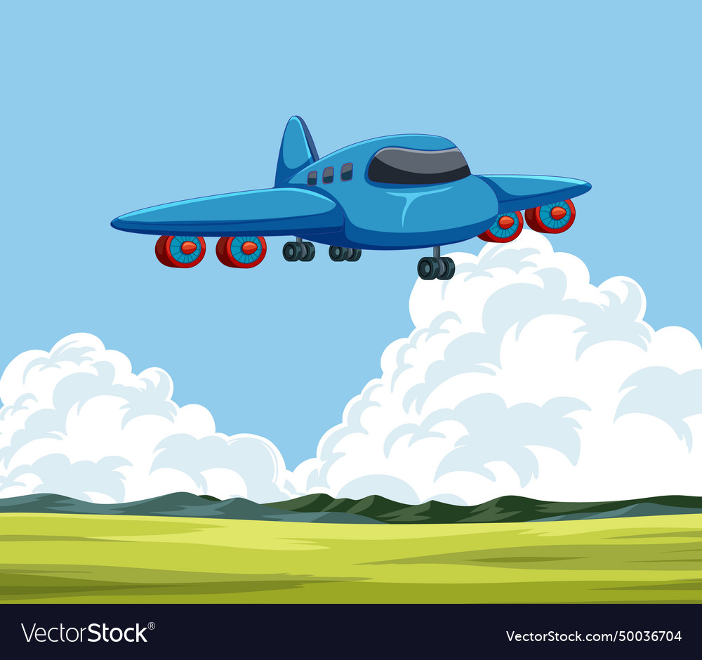 Cartoon airplane flying above green fields