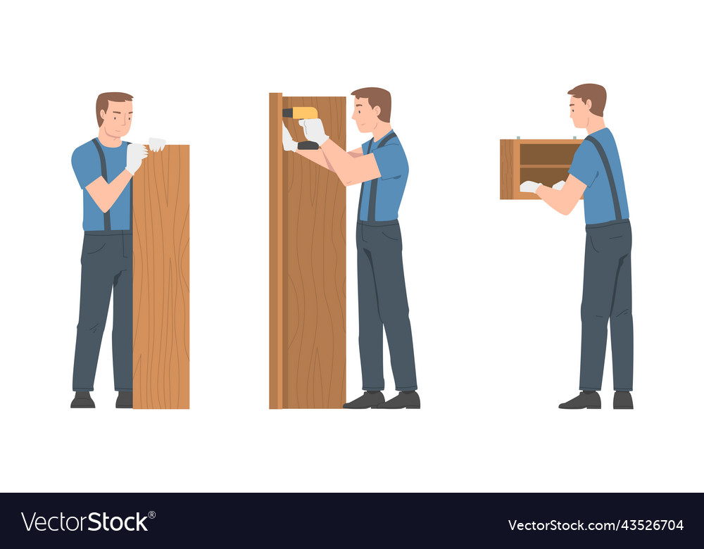 Young man character assembling and installing vector image Young man character assembling and installing