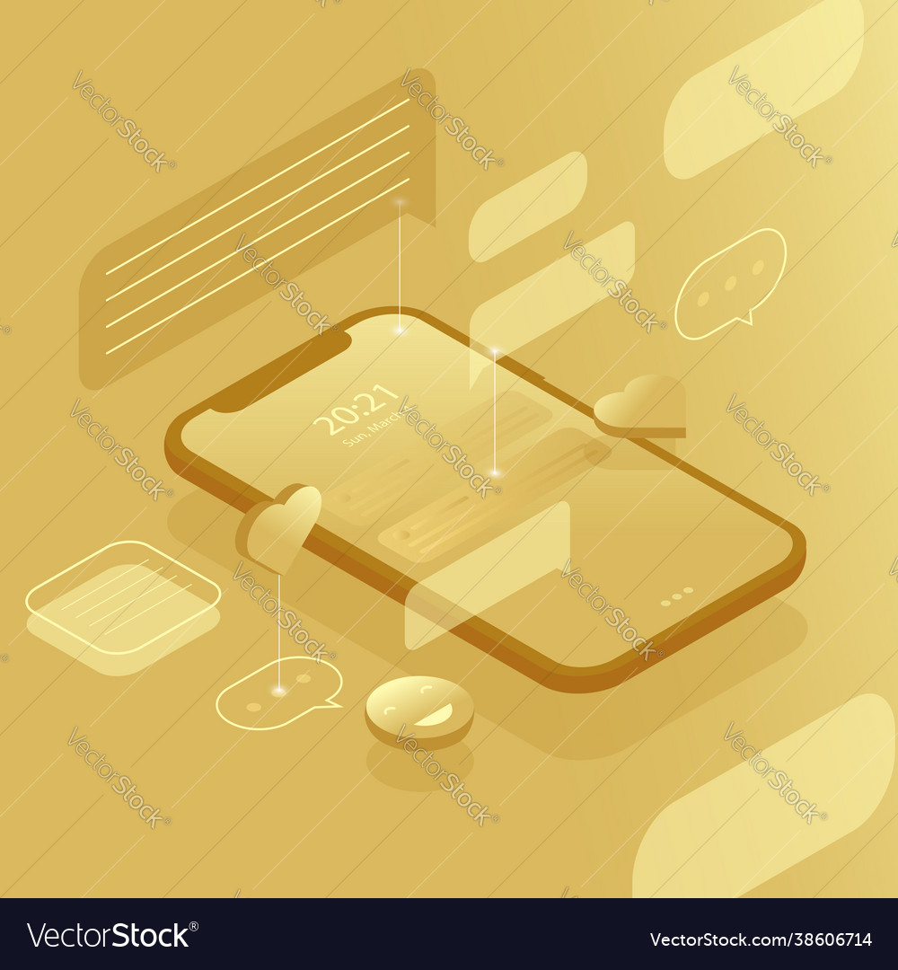 Golden isometric phone notification set bubble