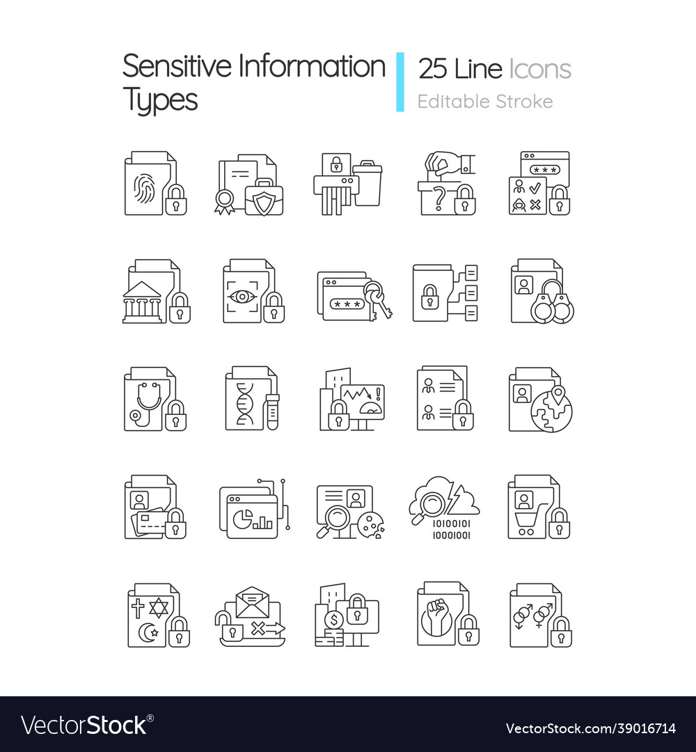 Sensitive information types linear icons set vector image Sensitive information types linear icons set