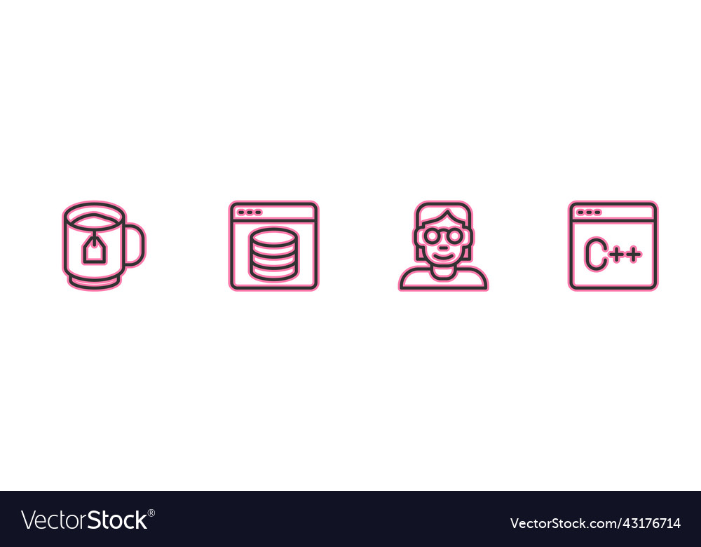 Set Line Tasse Tee mit Tasche Hacker oder Coder vector image Set Line Tasse Tee mit Tasche Hacker oder Coder