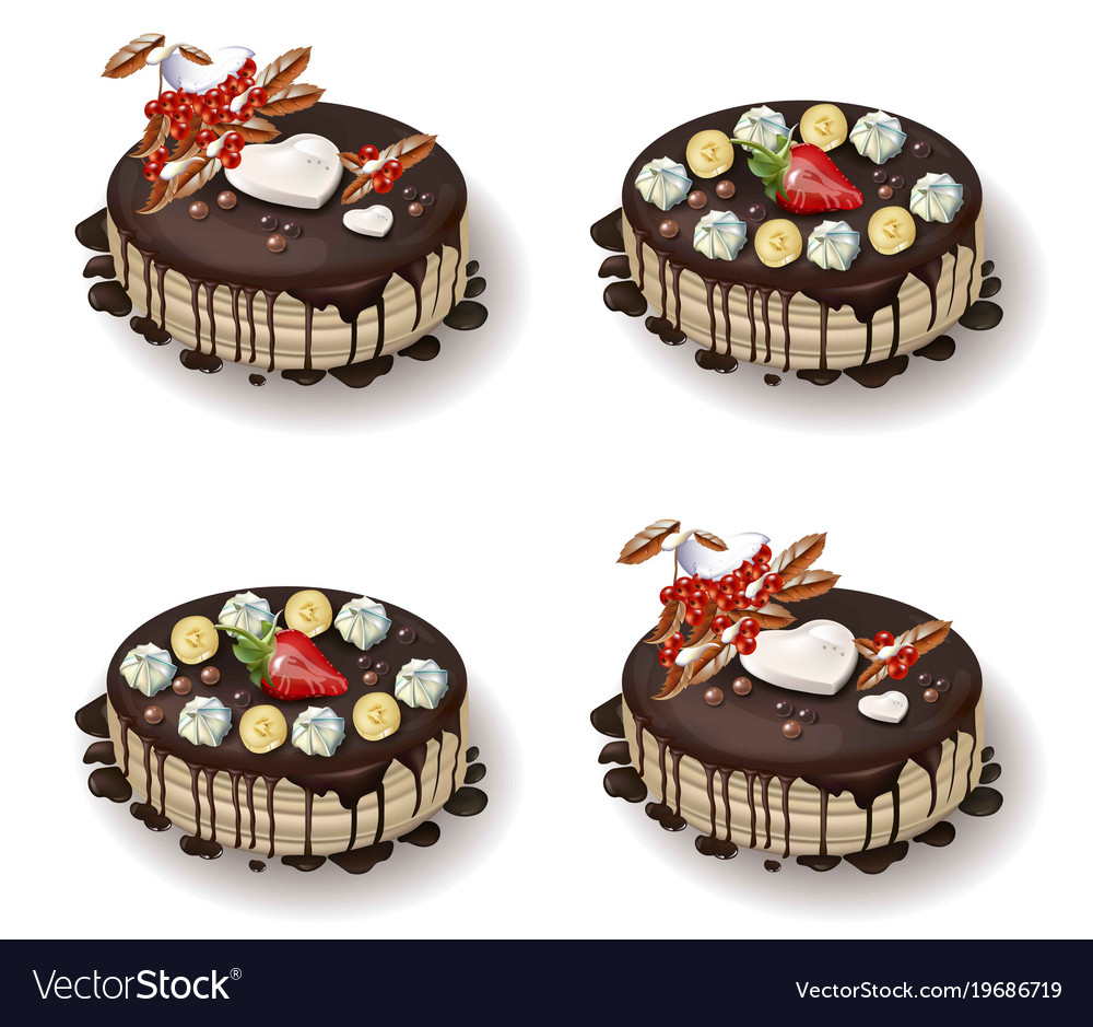 Delcious cakes set with chocolate and fruits