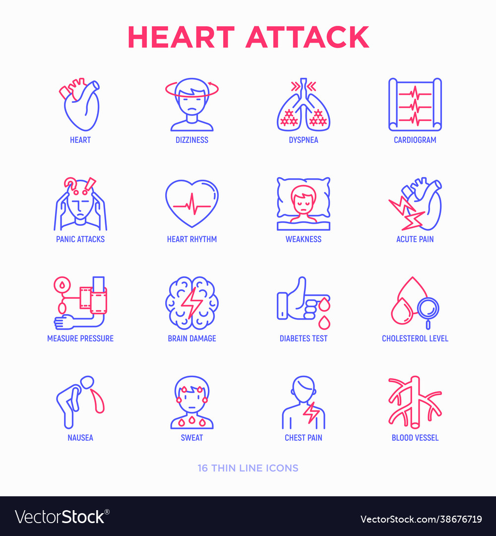 Heart attack symptoms thin line icons set