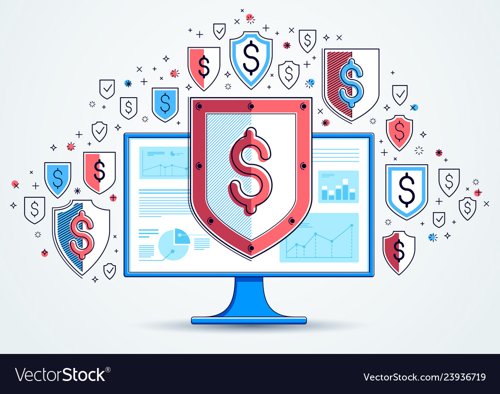 Shield over computer monitor and dollar set vector image Shield over computer monitor and dollar set