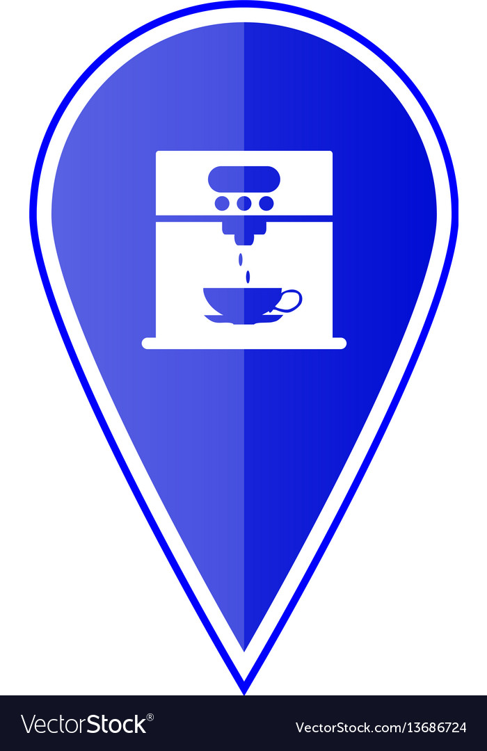 Blue map pointer with coffee maker machine vector image Blue map pointer with coffee maker machine