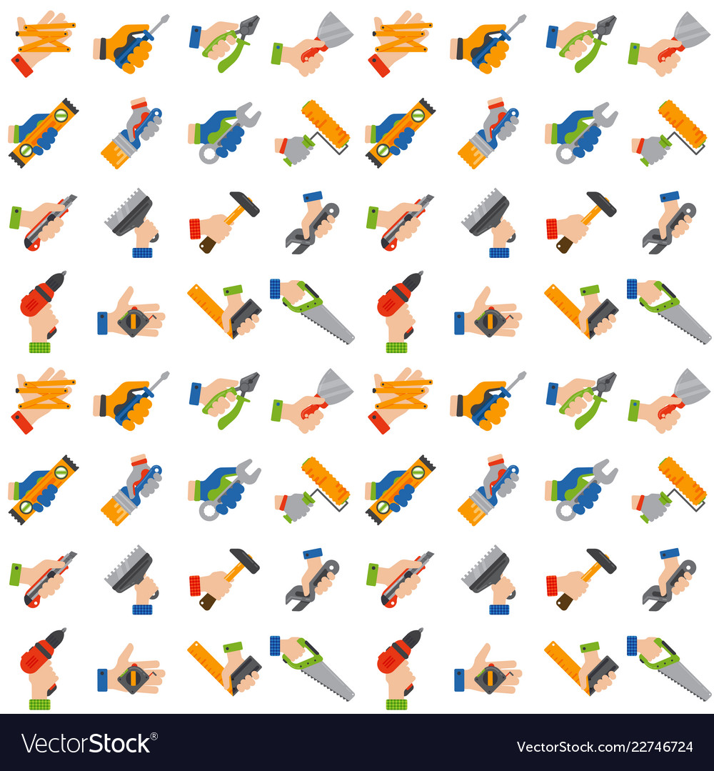 Hands with construction tools seamless pattern vector image Hands with construction tools seamless pattern