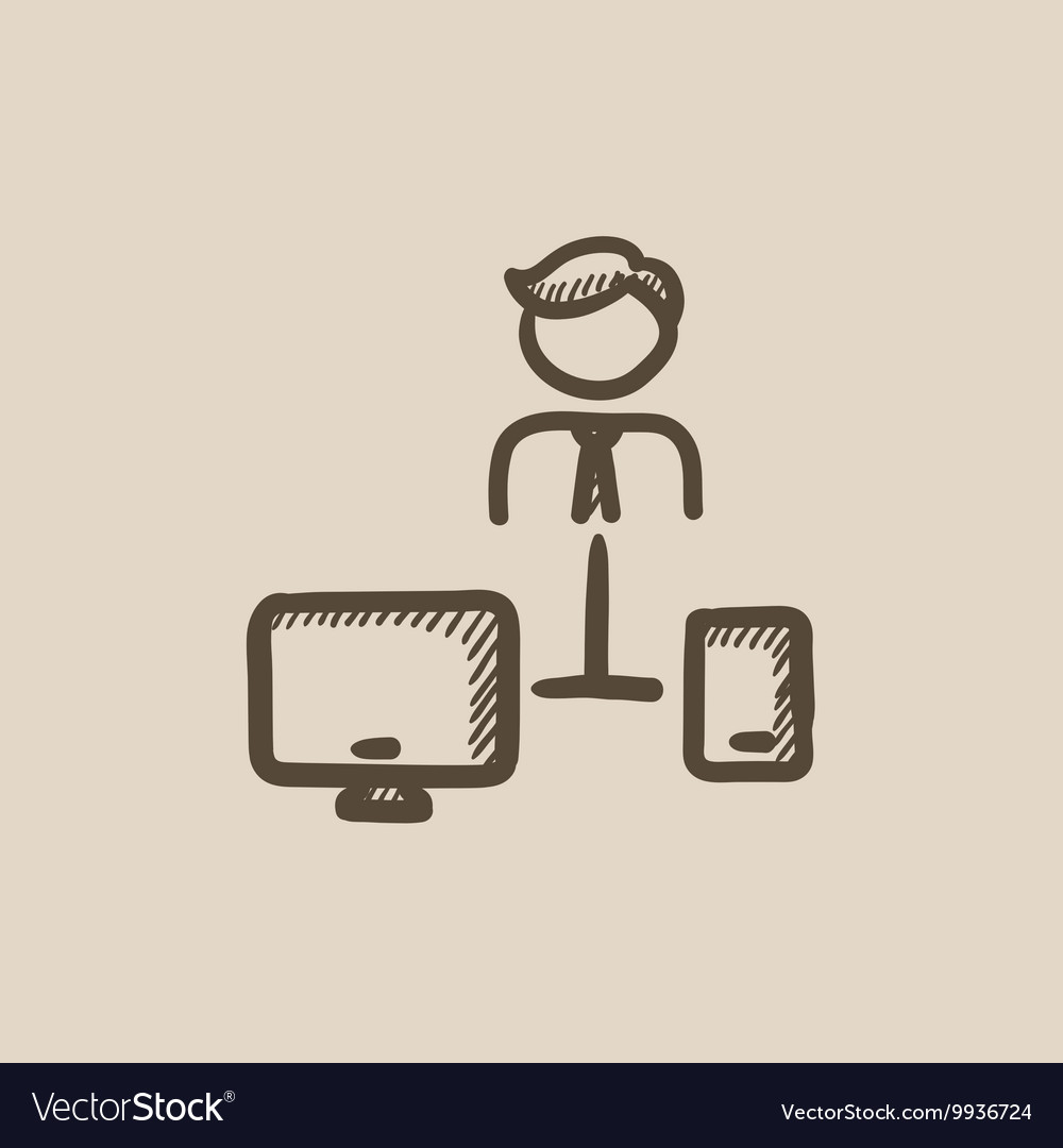 Man linked with computer and phone sketch icon